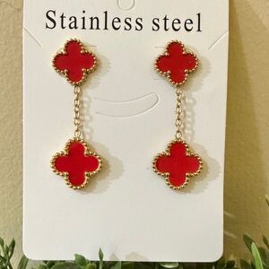 Elegant Clover double sided Red & Gold Stainless Steel chain women’s Earrings